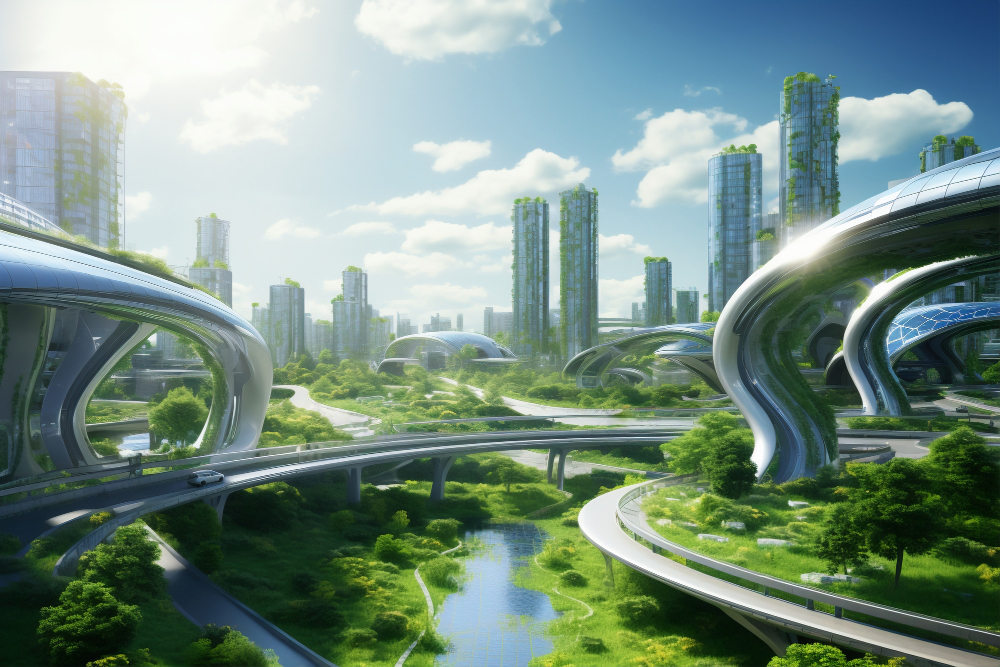 Futuristic environmentally friendly city with green spaces